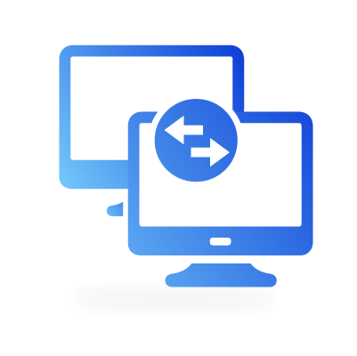 A graphic of 2 computers overlapping with a circle containing 2 arrows pointing in different directions on top.